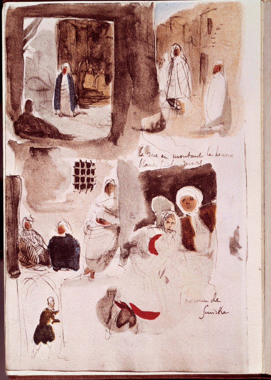 Álbum del norte de África y España: Calles, muros y tiendas con personajes de pie o sentados, incluido el hombre de Esmirna de Ferdinand Victor Eugene Delacroix