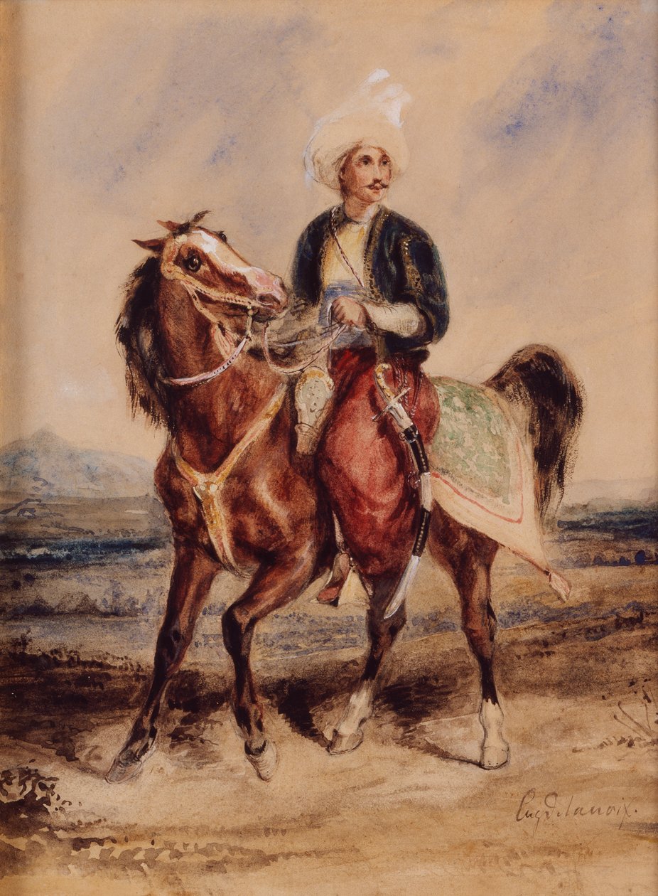 Un guerrero árabe a caballo en un paisaje (acuarela sobre papel) de Ferdinand Victor Eugene Delacroix