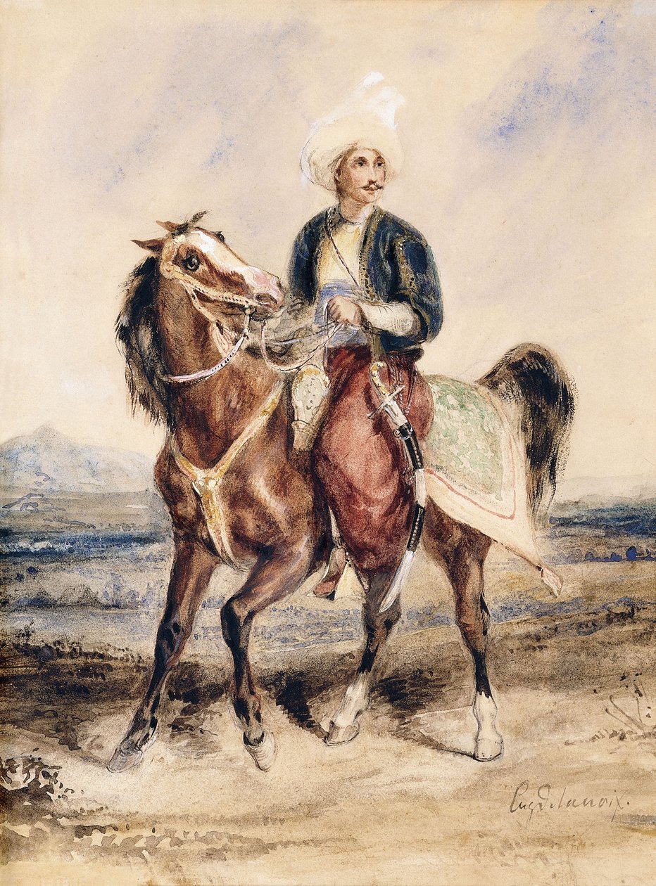 Un guerrero árabe a caballo en un paisaje de Ferdinand Victor Eugene Delacroix
