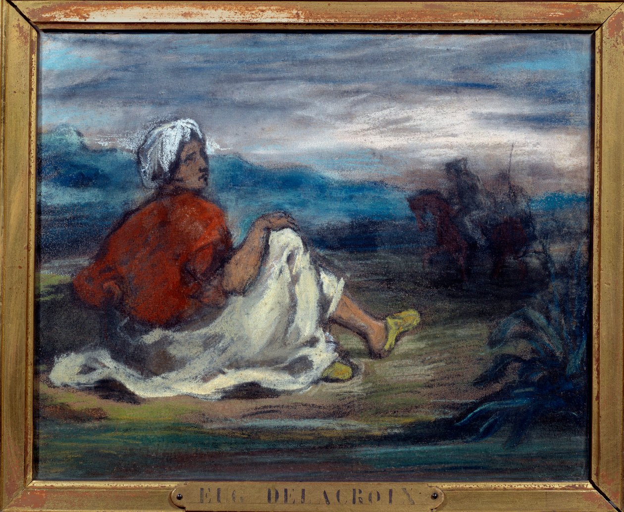 Un árabe sentado en el campo al borde de un camino de Ferdinand Victor Eugene Delacroix