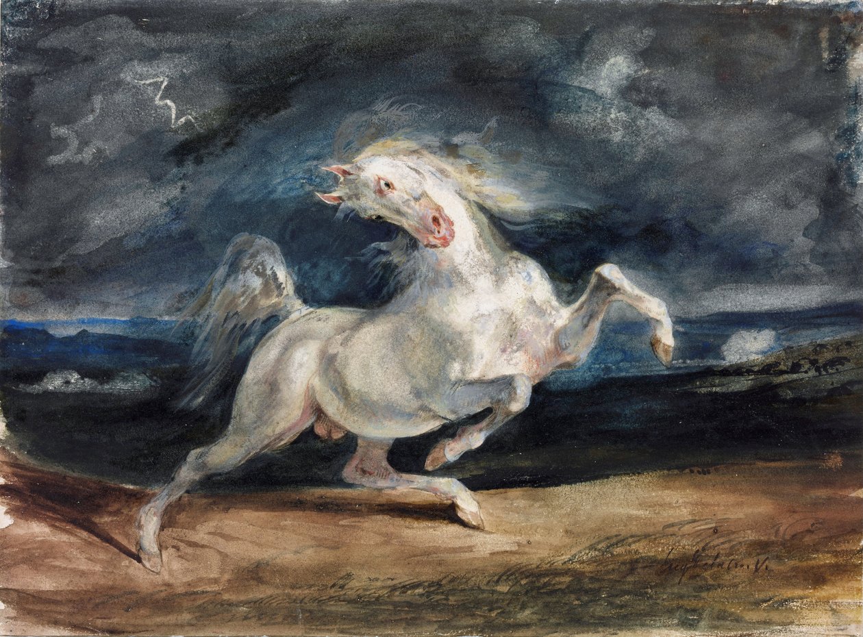 Cheval effraye par la foudre - Caballo asustado por un rayo - Delacroix, Eugene (1798-1863) - 1825-1829 - Acuarela, Gouache sobre Papel - 23,6x32 - Szepmuveszeti Muzeum, Budapest de Ferdinand Victor Eugene Delacroix