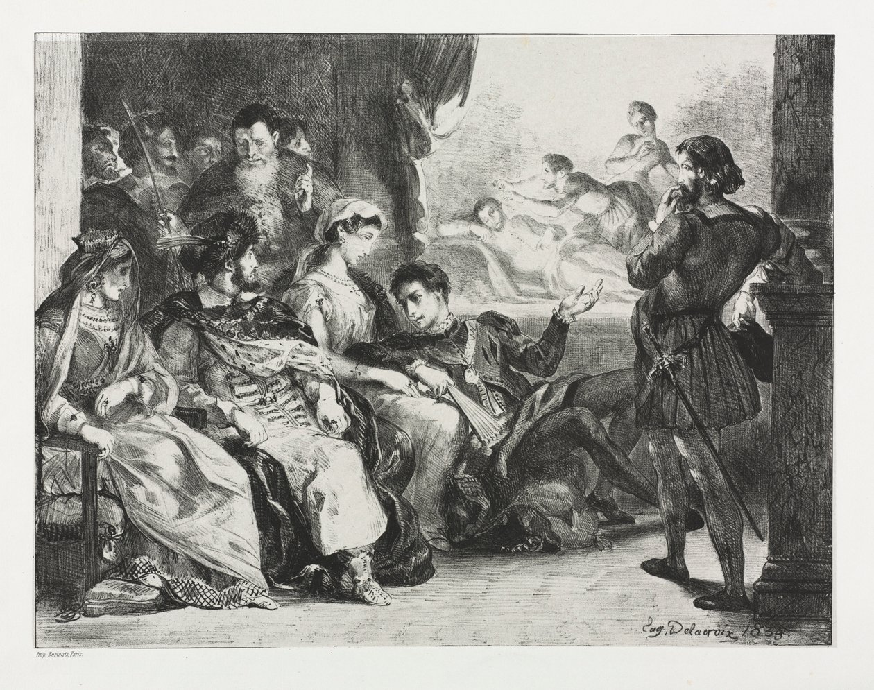 Hamlet: Hamlet Ordena a los Actores hacer una Escena del Envenenamiento de su Padre, 1834 de Ferdinand Victor Eugene Delacroix