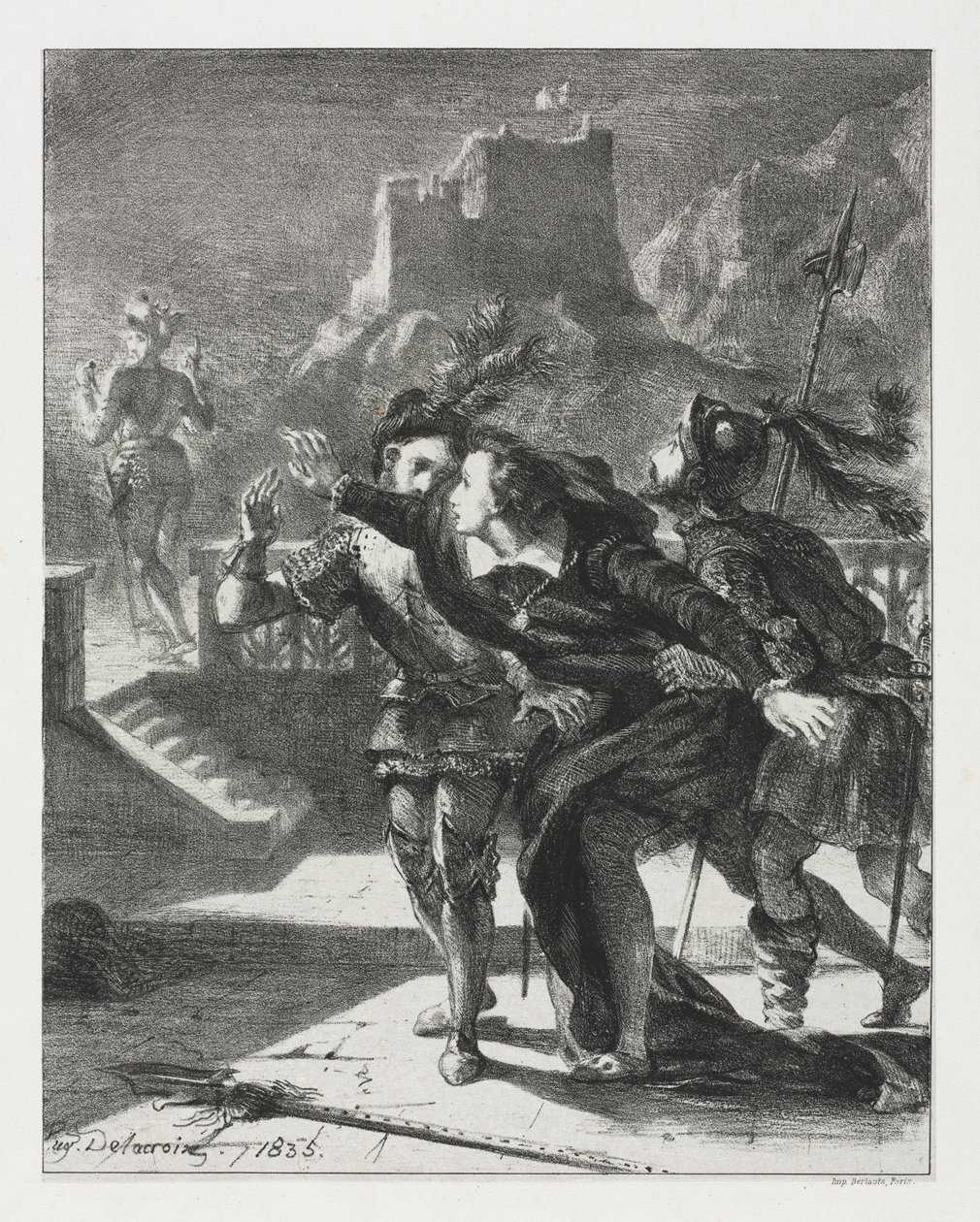 Hamlet: Hamlet se apresura a seguir al fantasma de su padre, 1835 de Ferdinand Victor Eugene Delacroix