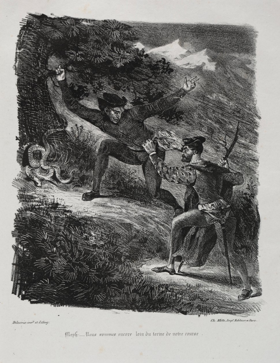 Ilustraciones para Fausto: Fausto y Mefistófeles en las montañas del Harz, 1828 de Ferdinand Victor Eugene Delacroix