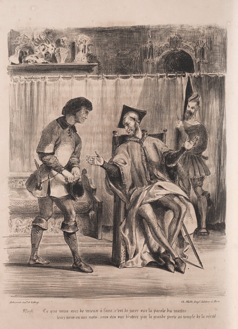 Ilustraciones para Fausto: Mefistófeles recibe al escolar, 1828 de Ferdinand Victor Eugene Delacroix