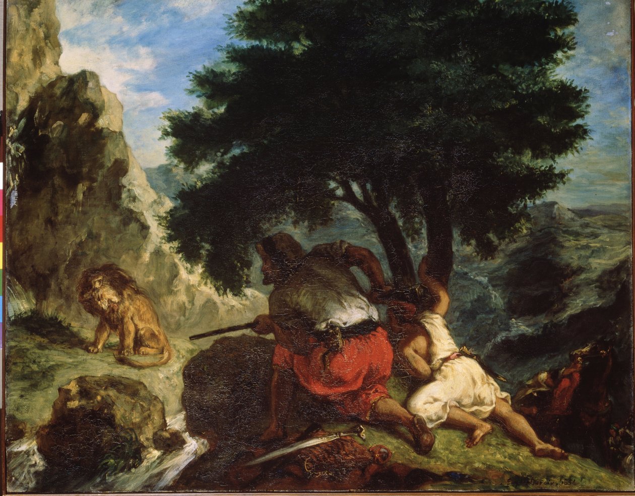 ""La caza del león en Marruecos"" (La caza del león en Marruecos) Pintura de Eugene Delacroix (1798-1863) 1854 Orientalismo Dim. 74x92 cm Museo del Hermitage, San Petersburgo de Ferdinand Victor Eugene Delacroix