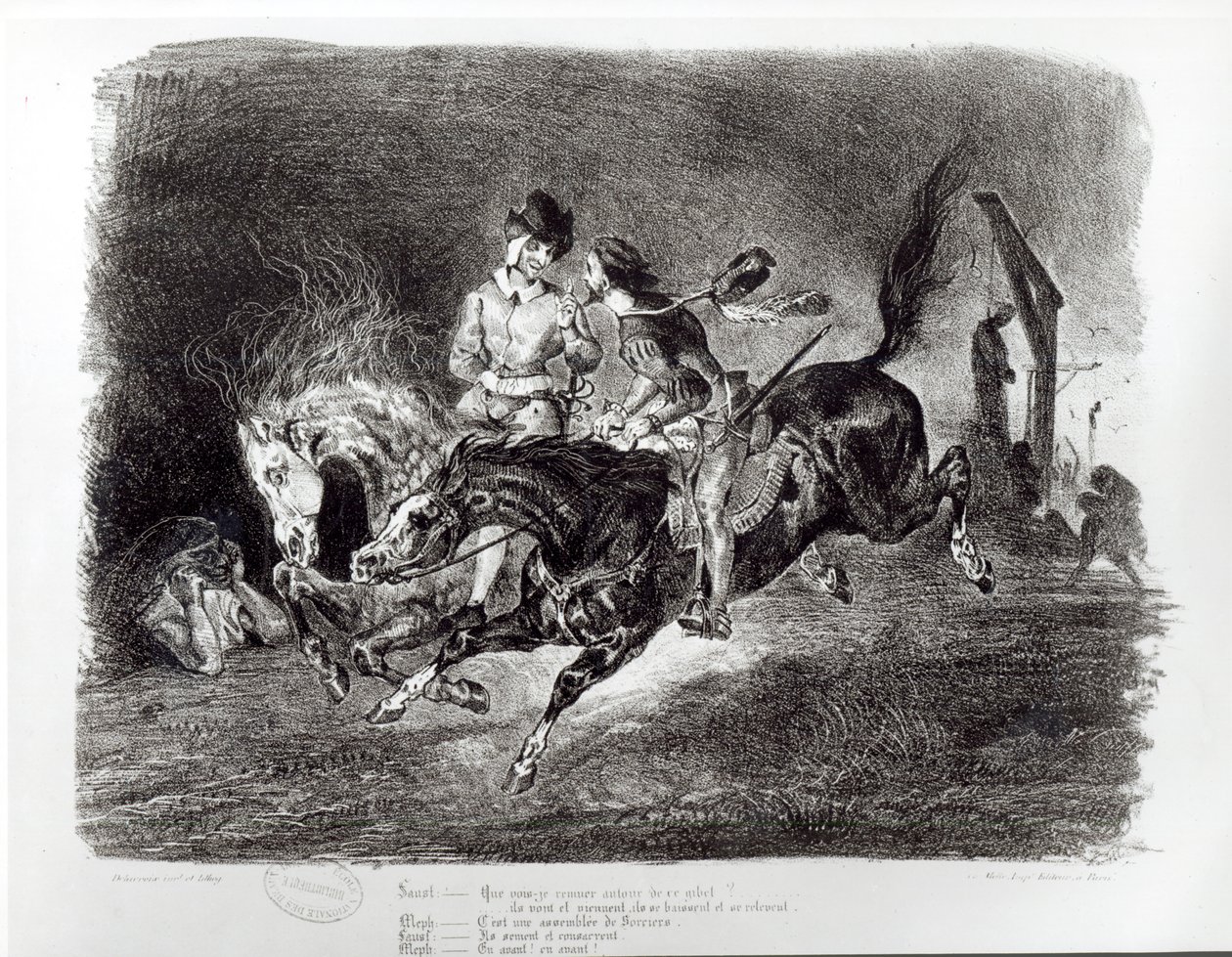 Mefistófeles y Fausto cabalgando en la noche, Ilustración para Fausto de Goethe, 1828 de Ferdinand Victor Eugene Delacroix