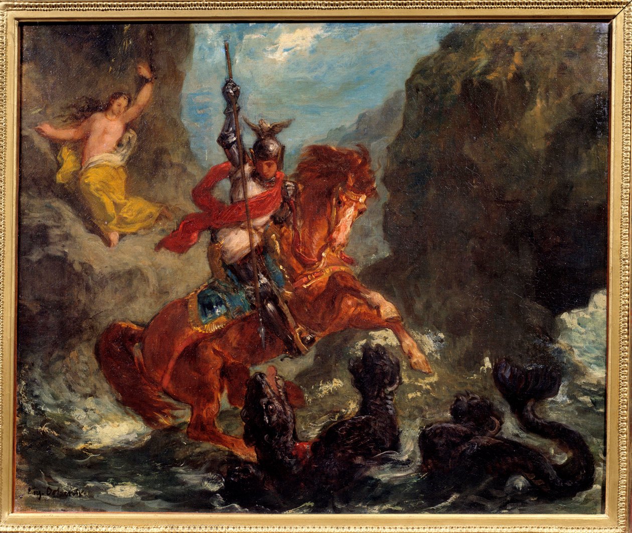 Roger liberando a Angélica. Angélica, entregada a un monstruo por piratas, es liberada por Roger que monta un hipogrifo. Ilustración para “Orlando Furioso” de Ludovico Ariosto. Pintura de Eugène Delacroix de Ferdinand Victor Eugene Delacroix