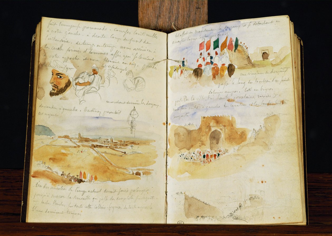 Bocetos de árabes, paisajes de Marruecos, multitudes árabes, Puerta de Meknes y notas manuscritas ... de Ferdinand Victor Eugene Delacroix