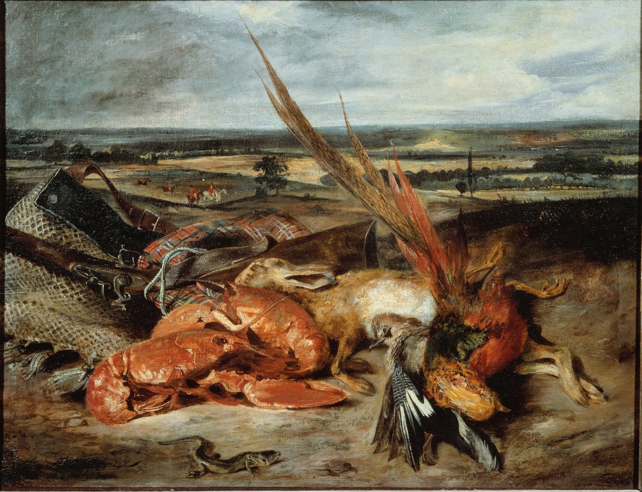 Bodegón con langosta y trofeos de caza y pesca de Ferdinand Victor Eugene Delacroix