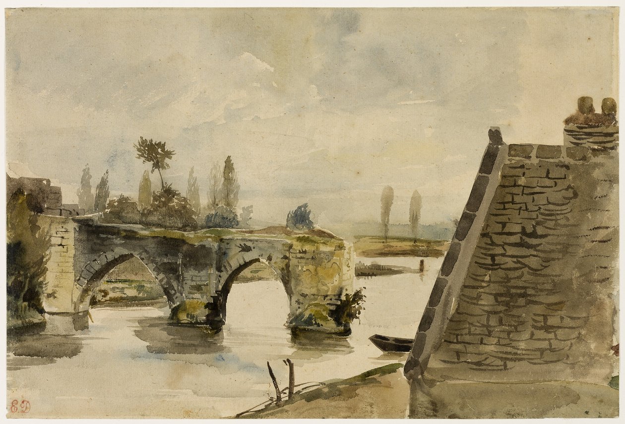El puente viejo de Nantes, c.1827 (acuarela sobre papel de estambre color crema) de Ferdinand Victor Eugene Delacroix