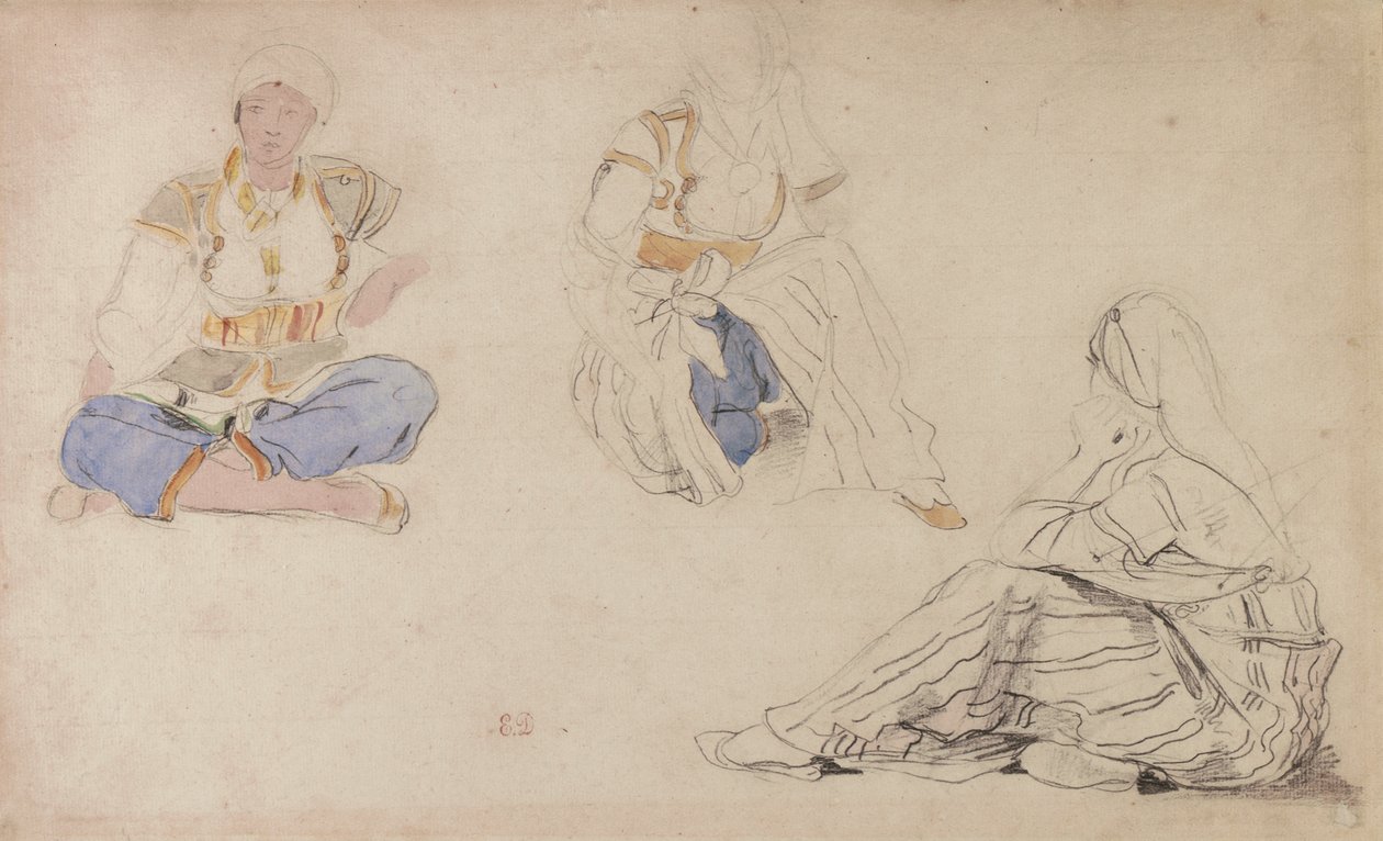 Tres estudios de una niña marroquí sentada (plomo negro y acuarela sobre papel) de Ferdinand Victor Eugene Delacroix