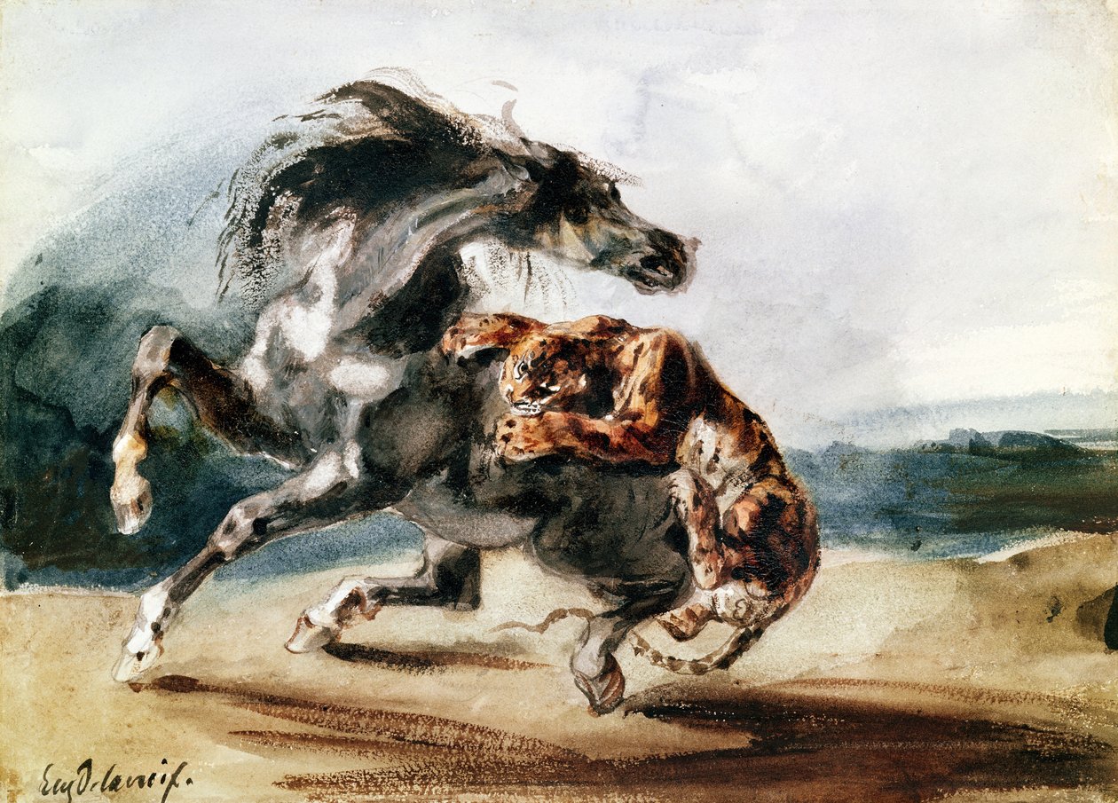Tigre atacando a un caballo salvaje de Ferdinand Victor Eugene Delacroix