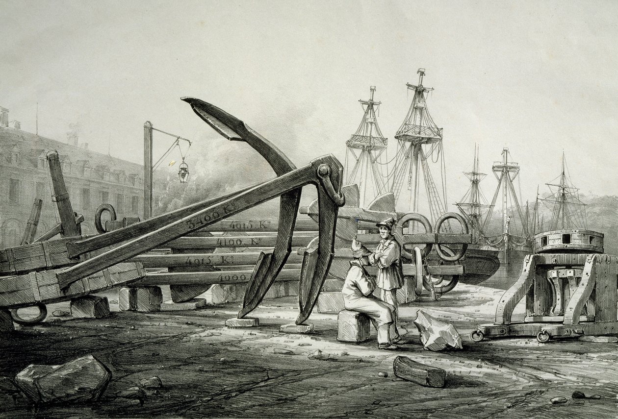 Anclas en el astillero naval, por Ferdinand Perrot, litografía de Ferdinand Victor Perrot