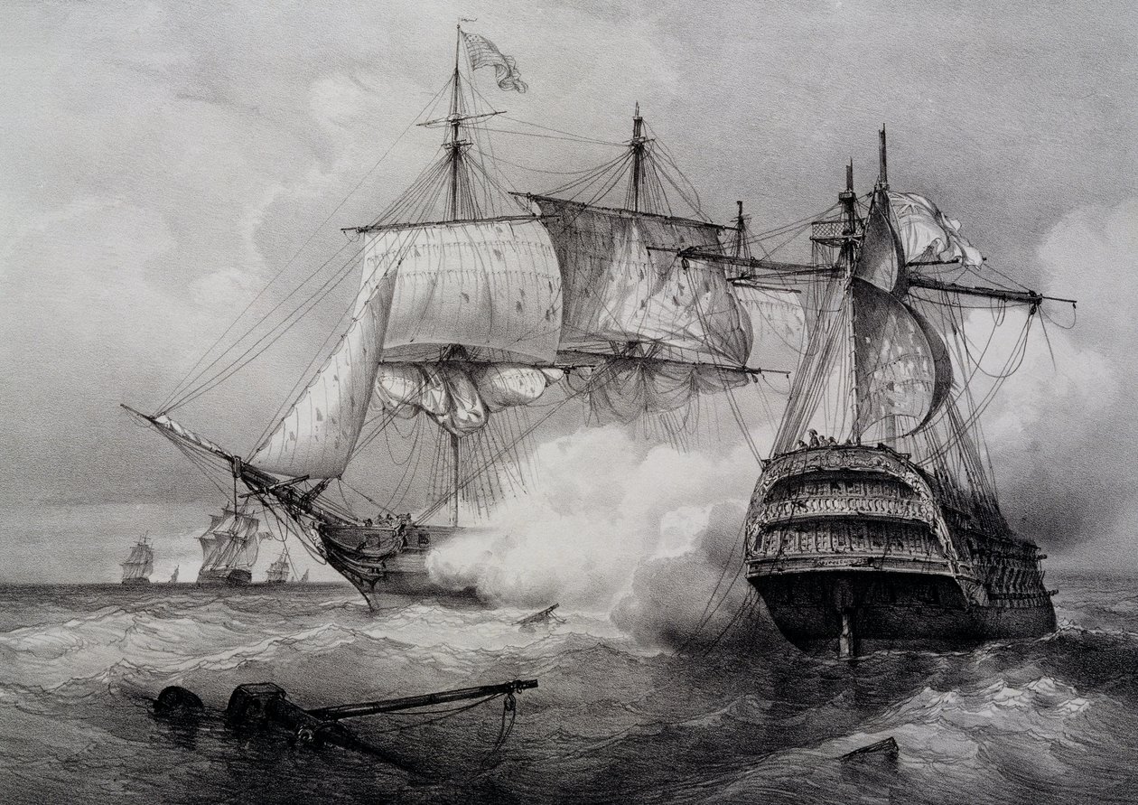 Batalla entre el barco estadounidense de 74 cañones y la fragata británica, litografía por Ferdinand Perrot de Ferdinand Victor Perrot