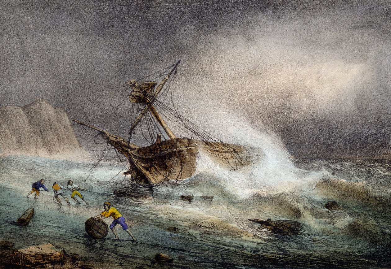 Bergantín varado, litografía en color por Ferdinand Perrot de Ferdinand Victor Perrot