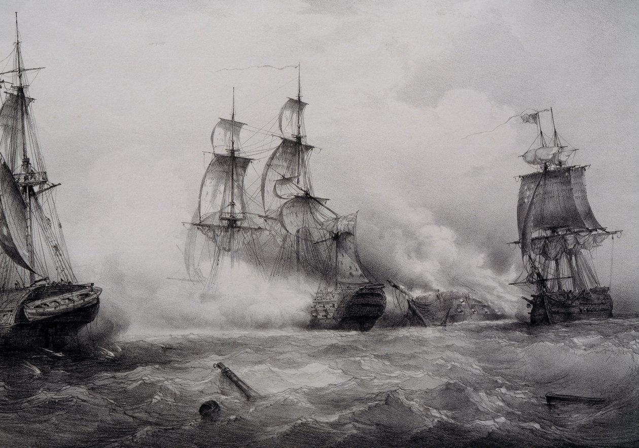 Combate entre barcos de vela británicos y estadounidenses de tercera clase con 74 cañones, litografía de Ferdinand Perrot de Ferdinand Victor Perrot