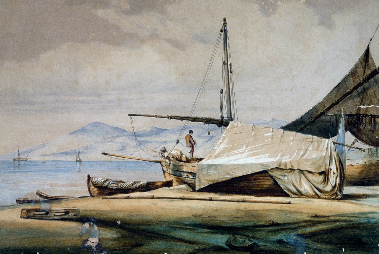 Leudi, barco de pesca de Liguria, litografía en color por Ferdinand Perrot de Ferdinand Victor Perrot
