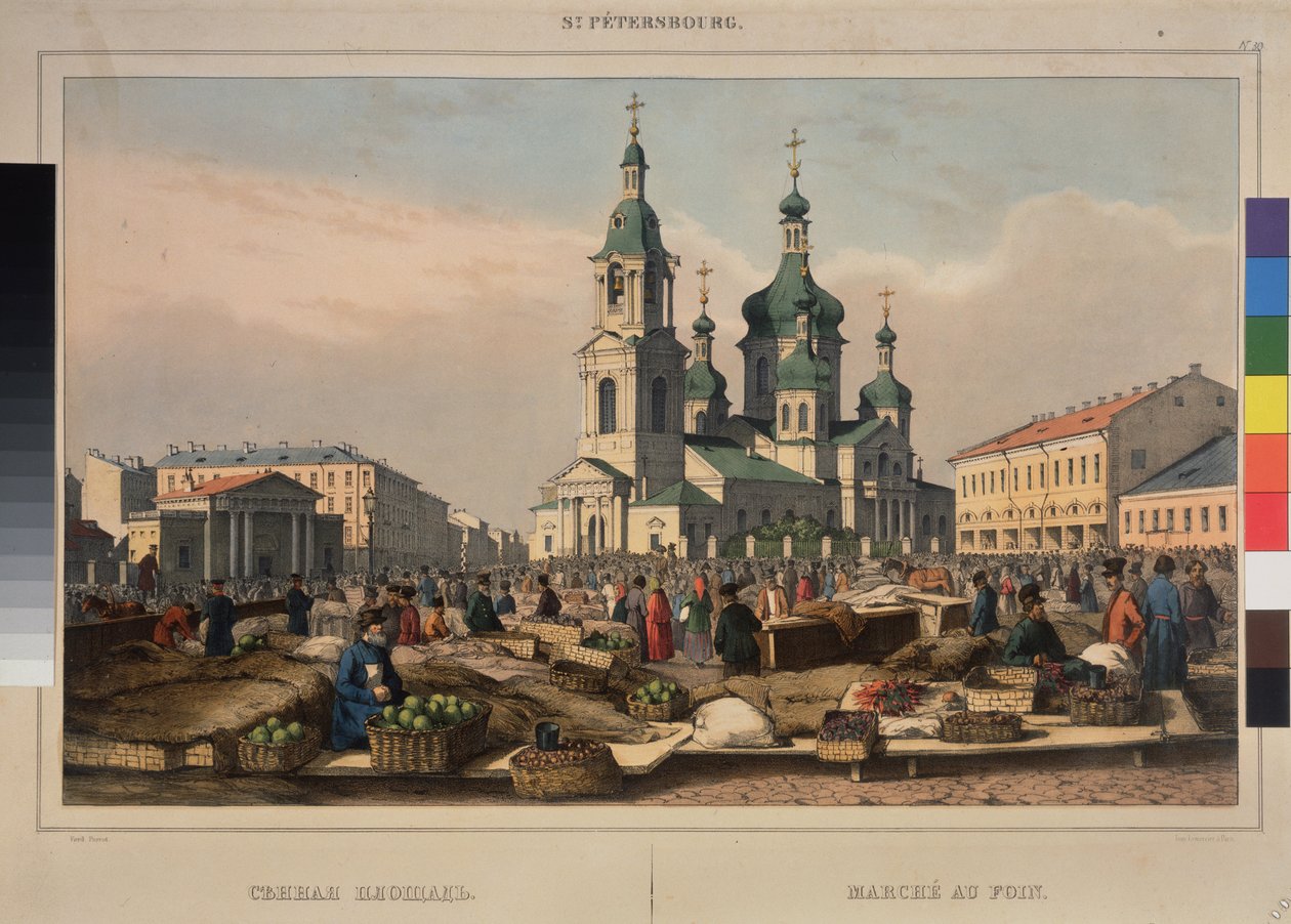 Hay Market y la Catedral de la Asunción de la Madre de Dios, en San Petersburgo. Obra de Ferdinand Victor Perrot (1808-1841), litografía y acuarela sobre papel de Ferdinand Victor Perrot