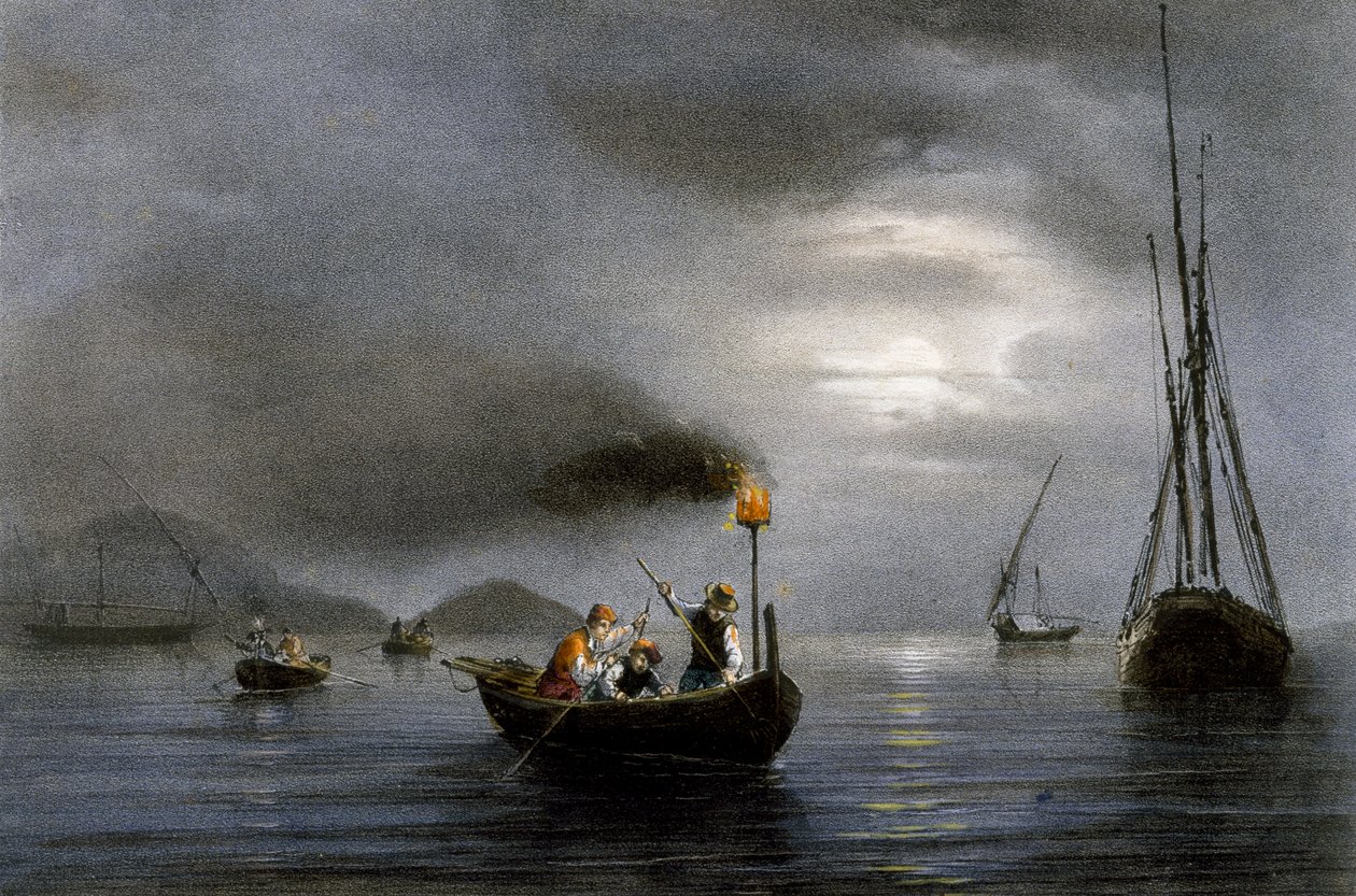 Pesca nocturna con lámpara de pesca, litografía en color de Ferdinand Perrot (1808-1841) de Ferdinand Victor Perrot