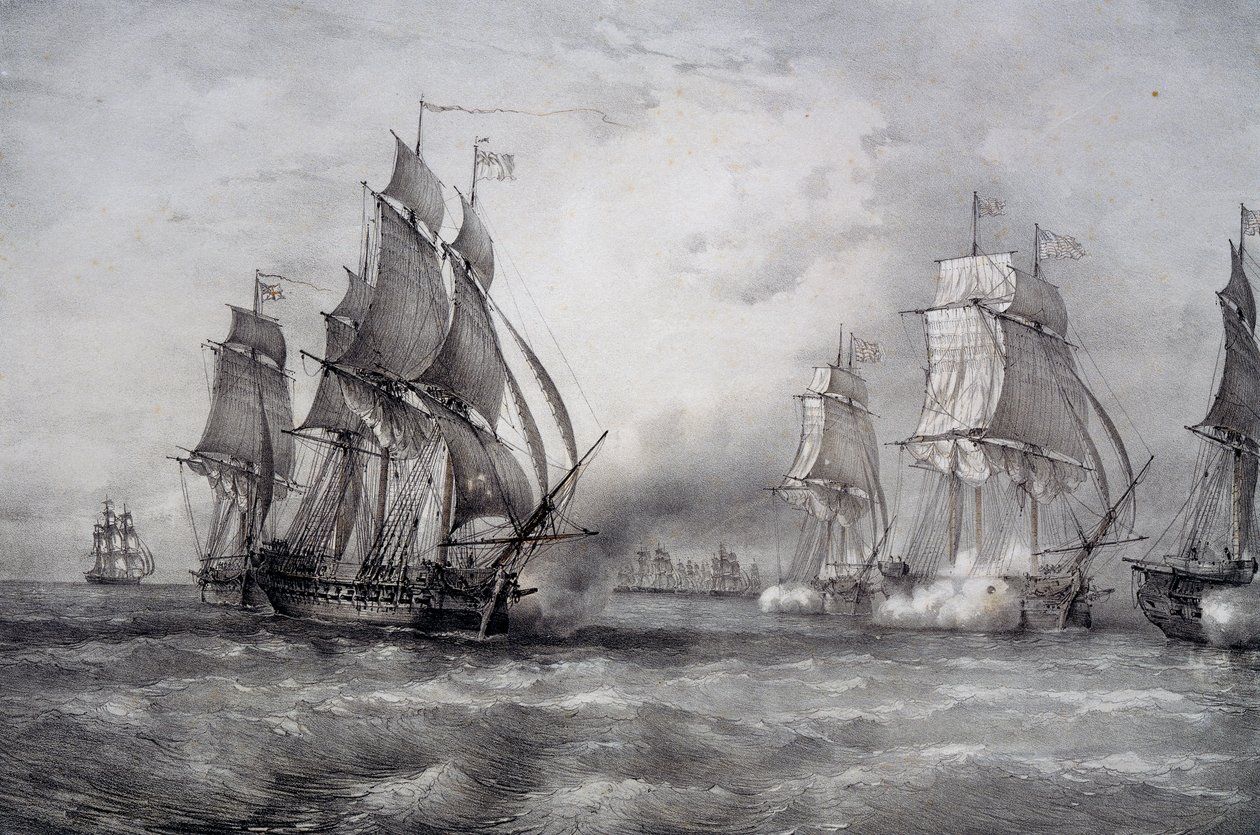 Paul Jones atacando la flota británica comandada por Pearson y llegando del Mar Báltico de Ferdinand Victor Perrot
