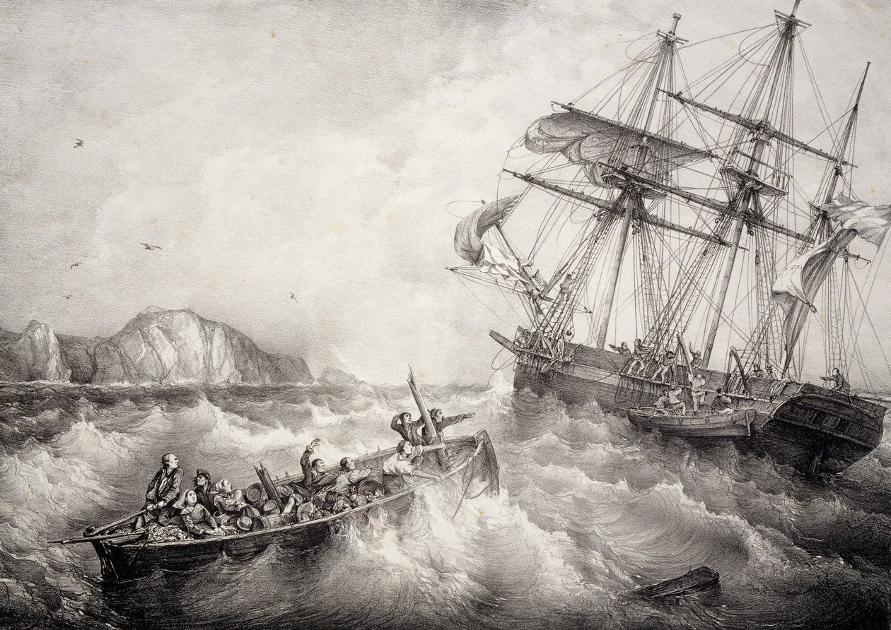 Rescate de la tripulación de un barco pesquero bretón por el barco sueco Le Neptune, litografía de Ferdinand Perrot de Ferdinand Victor Perrot