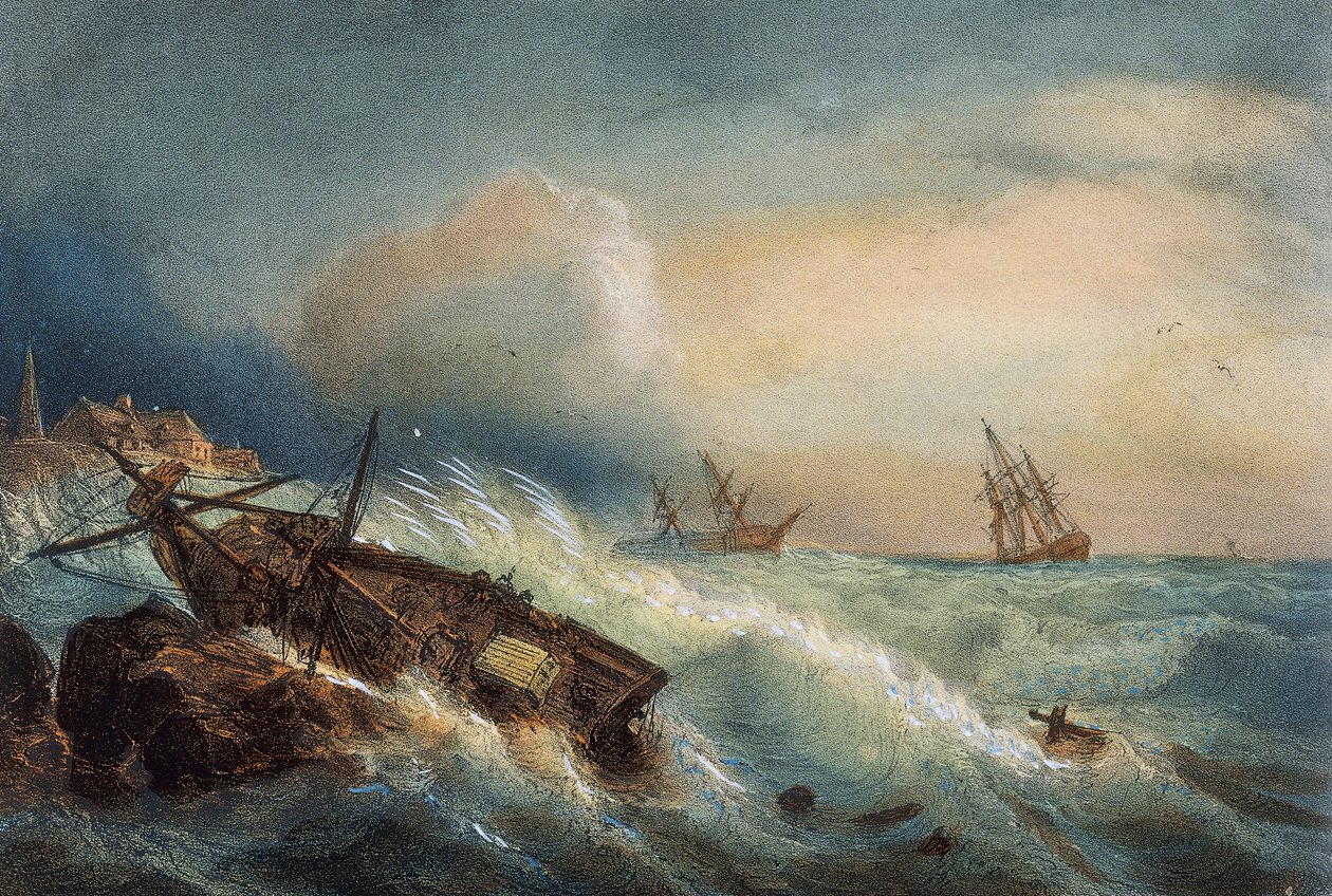 Naufragio en la costa de Saint Nazaire, litografía en color de Ferdinand Perrot, Francia de Ferdinand Victor Perrot