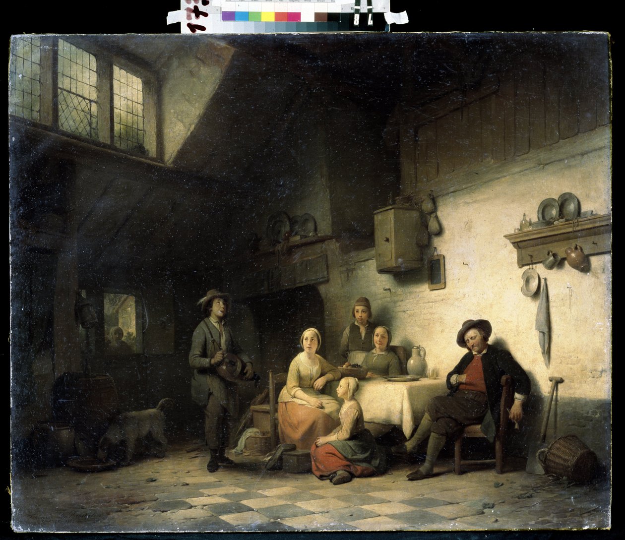 ""Le concert prive"" (Concierto en casa) Una familia reunida en un modesto interior de Bélgica escucha a un músico tocar la zanfoña. Pintura de Ferdinand de Braekeleer el Viejo (1792-1883) Museo de Arte Mikhail Kroshitsky del siglo XIX, Sebastopol (Se de Ferdinand de Braekeleer
