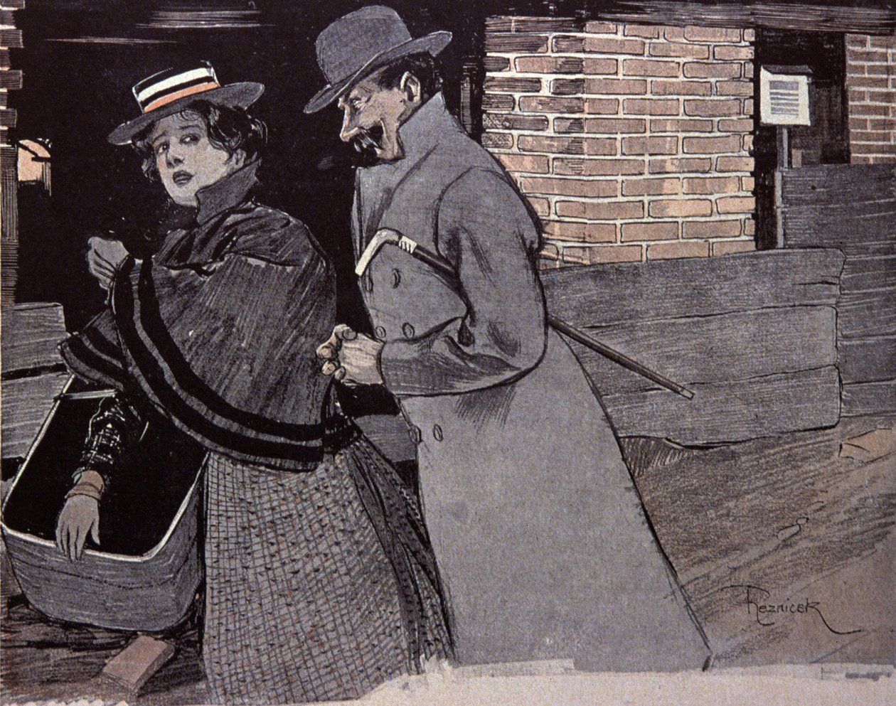 Hombre acosando a una joven. Ilustración de F. Von Reznicek en: Simplicissimus, Alemania de Ferdinand von Reznicek