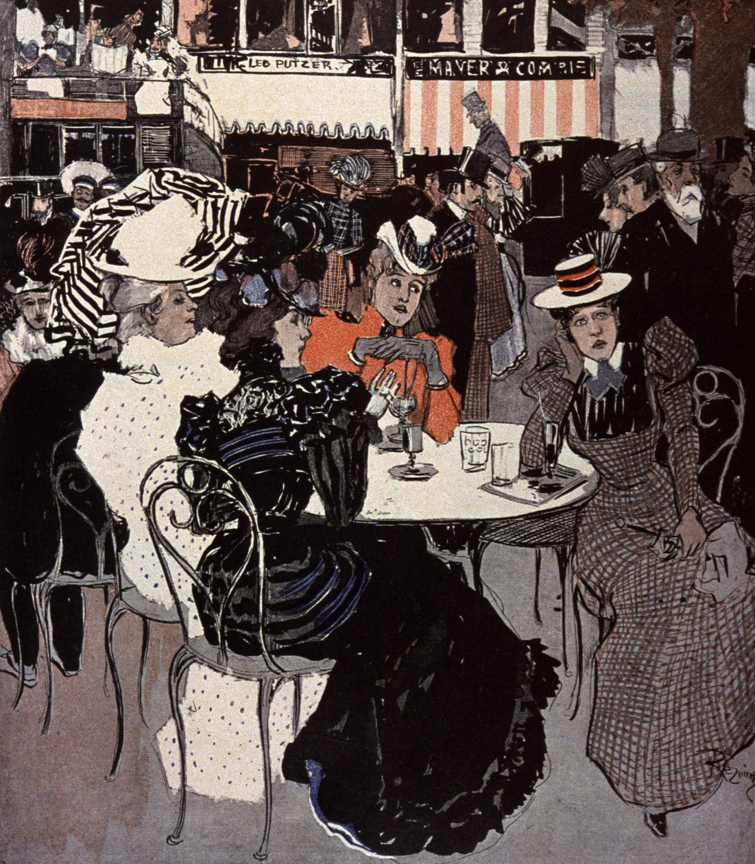 Mujer hablando en una mesa fuera de un café. Ilustración de Von Reznicek en: Simplicissimus, Alemania de Ferdinand von Reznicek