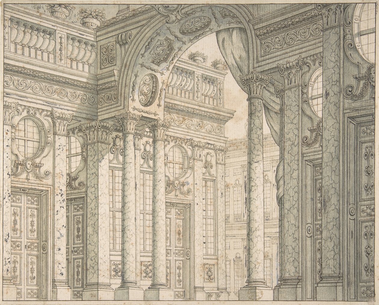 Diseño de una perspectiva para un decorado con patio y arco de triunfo de Ferdinando Galli Bibiena