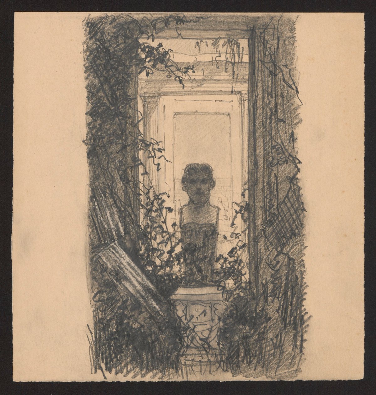 Una estatua de un hombre en el jardín, con una ventana al fondo de Ferdynand Ruszczyc