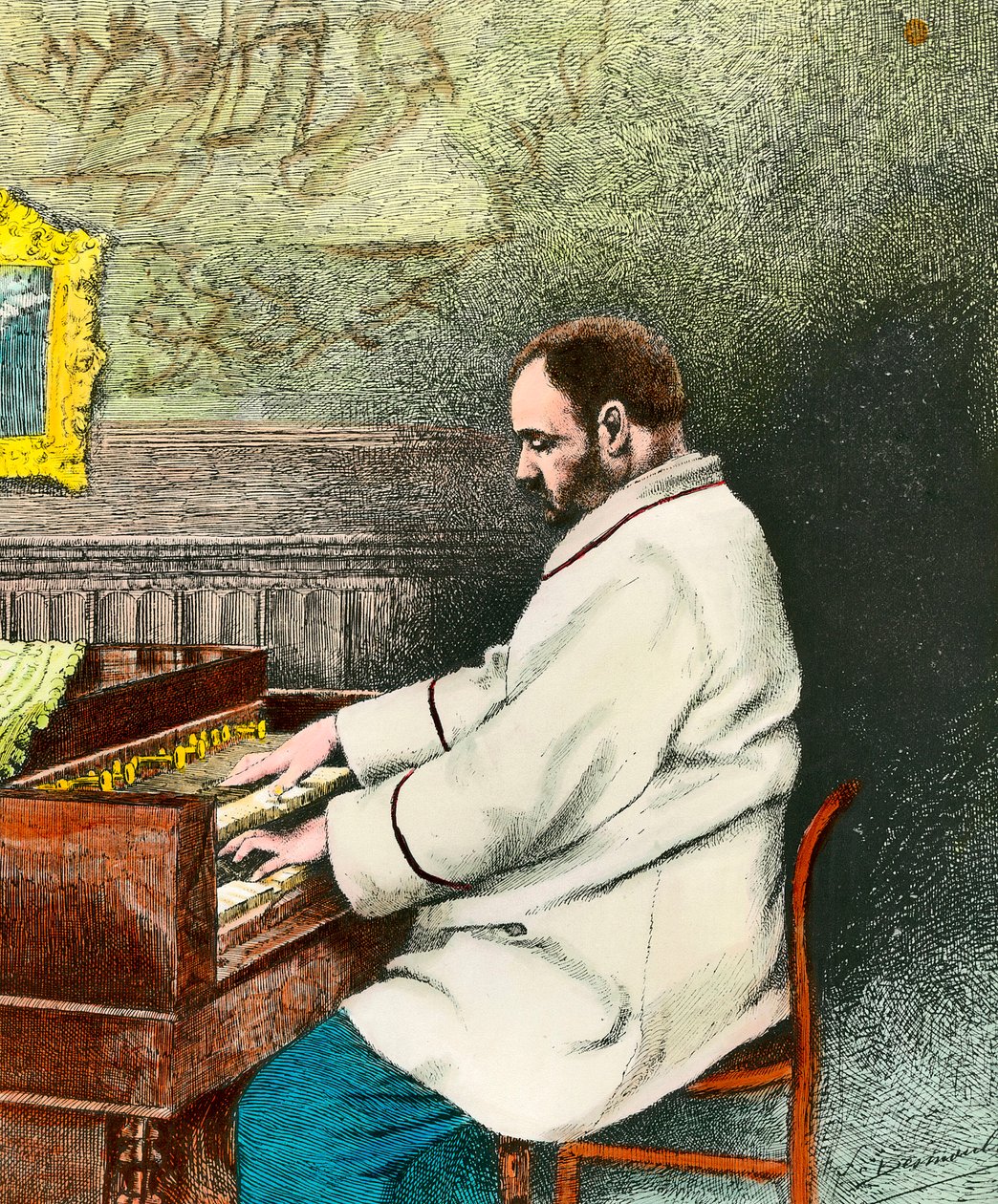 Retrato de Emile Zola (1840-1902) tocando el órgano. Grabado por Desmoulin (siglo XIX). Colección Privada de Fernand Desmoulin