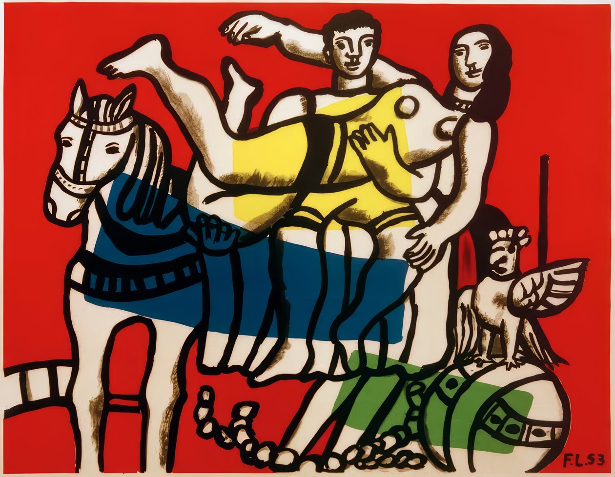 Circo, artistas haciendo volteo sobre un caballo blanco. de Fernand Leger