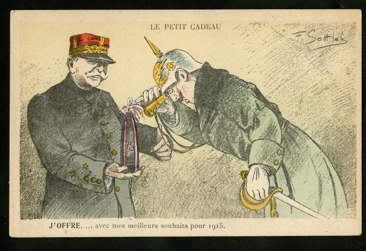 Postal satírica en colores, ca. 1914_12: Un pequeño regalo que ofrezco con mis mejores deseos para 1915 - Guerra de 14 -18, Cánones, proyectiles - Guillermo II, Joffre Ilustración de Gottlob (1873-1935) de Fernand Louis Gottlob