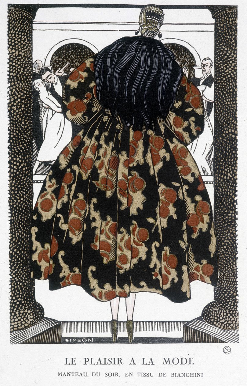Abrigo de noche de Bianchini - Ilustración de Fernand Simeon (1884-1928), en "Gazette du bon ton" de Fernand Siméon