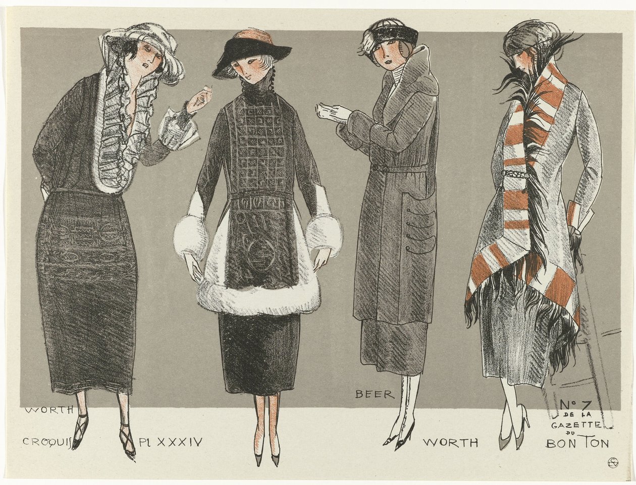 Gazette du Bon Ton, 1920 - No. 7, Croquis Pl XXXIV: Worth / Beer / Worth (título sobre objeto) de Fernand Siméon