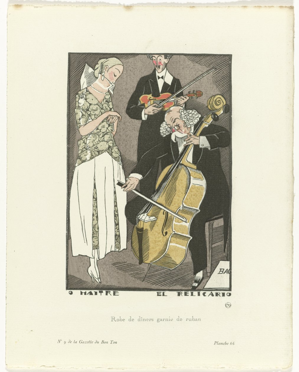 Gazette du Bon Ton, 1920 - No. 9, Pl. 66: O Maitre el Relicario / Traje de cena adornado con cinta (título sobre objeto) de Fernand Siméon