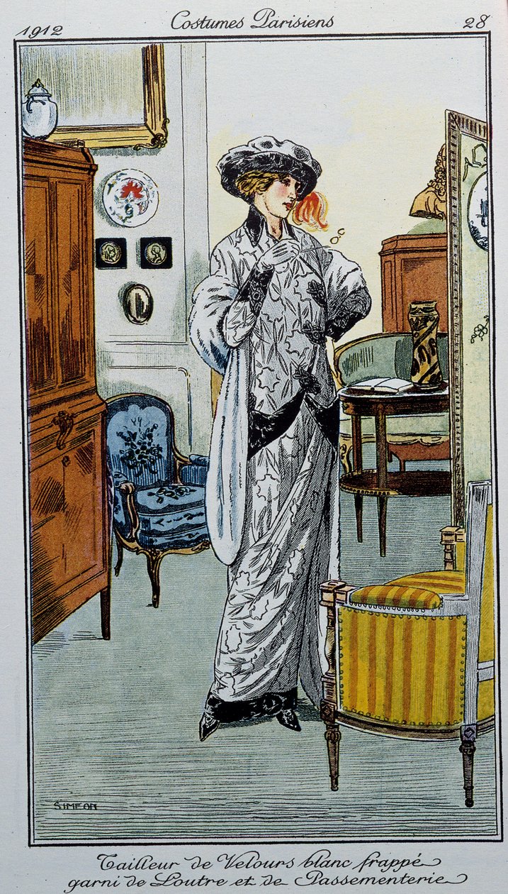 Trajes parisinos: Sastre de terciopelo blanco con rayas de nutria y adornos de Fernand Siméon