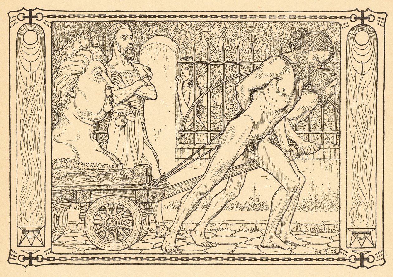 Vorm Karren der Gewoehnlichkeit, lámina 3, de la carpeta "Lebenszeichen", publicada en 1908 en Berlín por Fritz Heyder Verlag de Fidus