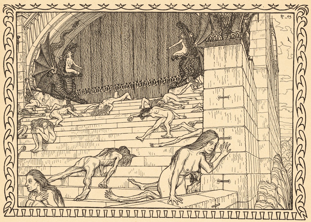 Vor dem Tempel der Tat, lámina 7, de la carpeta "Lebenszeichen", publicada en 1908 en Berlín por Fritz Heyder Verlag de Fidus (1868 1948)