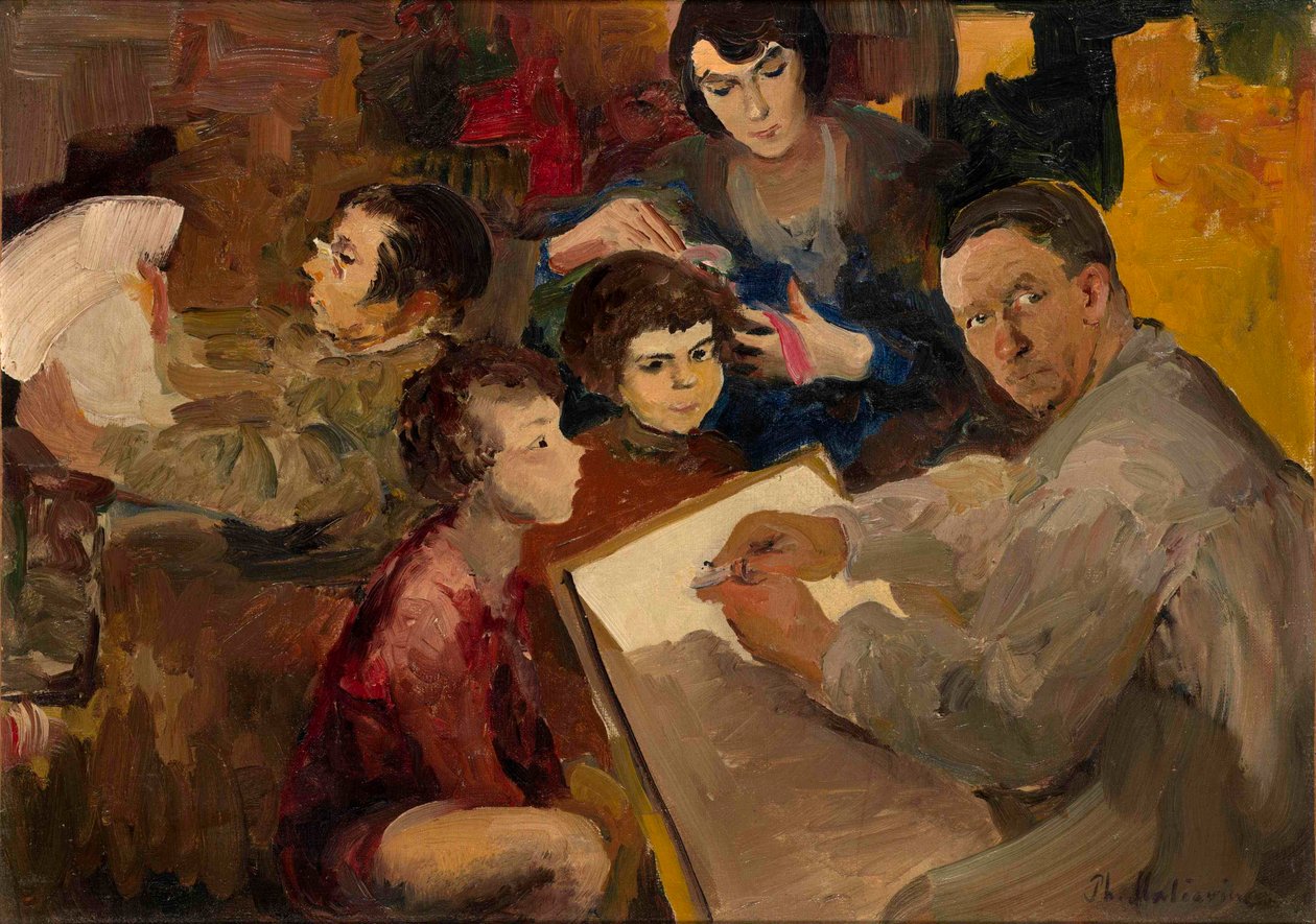 Autorretrato con familia - Pintura de Filipp Andreyevich Maliavin (Maliavine) (o Andreyevich Malyavin) (1869-1940), óleo sobre lienzo (46,5x64,5 cm), arte ruso, finales del siglo XIX-principios del XX - Colección privada de Filipp Andreevich Maliavin