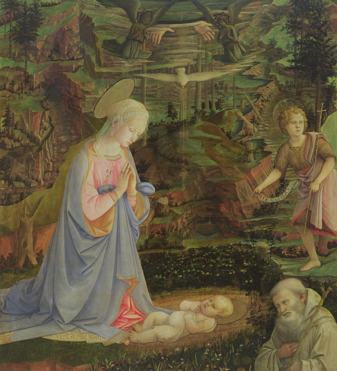 Adoración del Niño con el infante San Juan y San Romualdo de Filippino Lippi