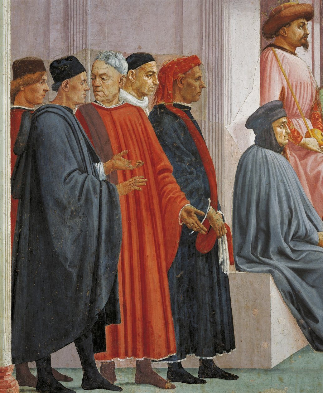 Hombres con vestimenta medieval, detalle de La resurrección del hijo de Teófilo, por Tommaso Masaccio, fresco de Filippino Lippi