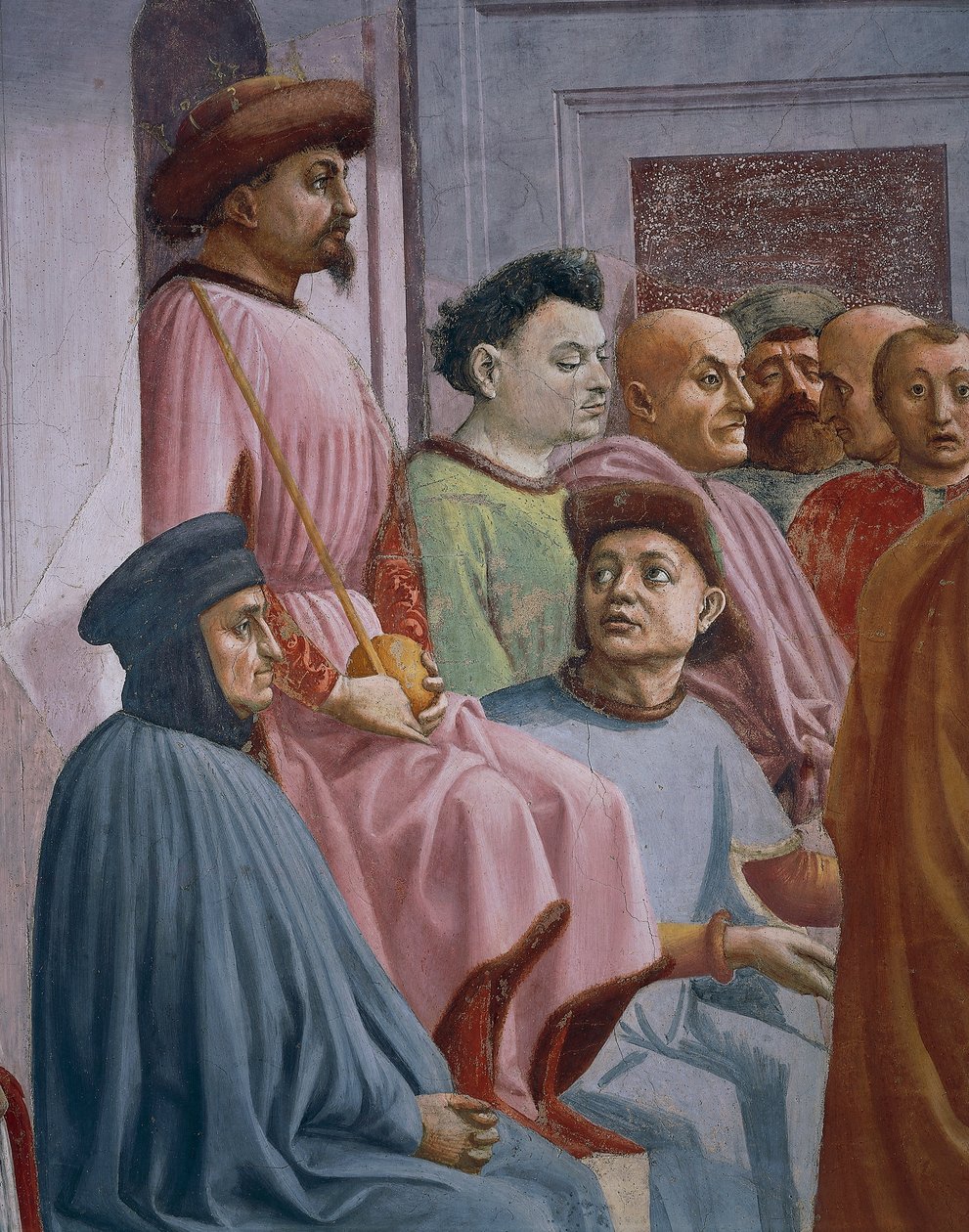 Milagro de Teófilo, (detalle) de La Resurrección del Hijo de Teófilo, por Tommaso Masaccio, fresco de Filippino Lippi