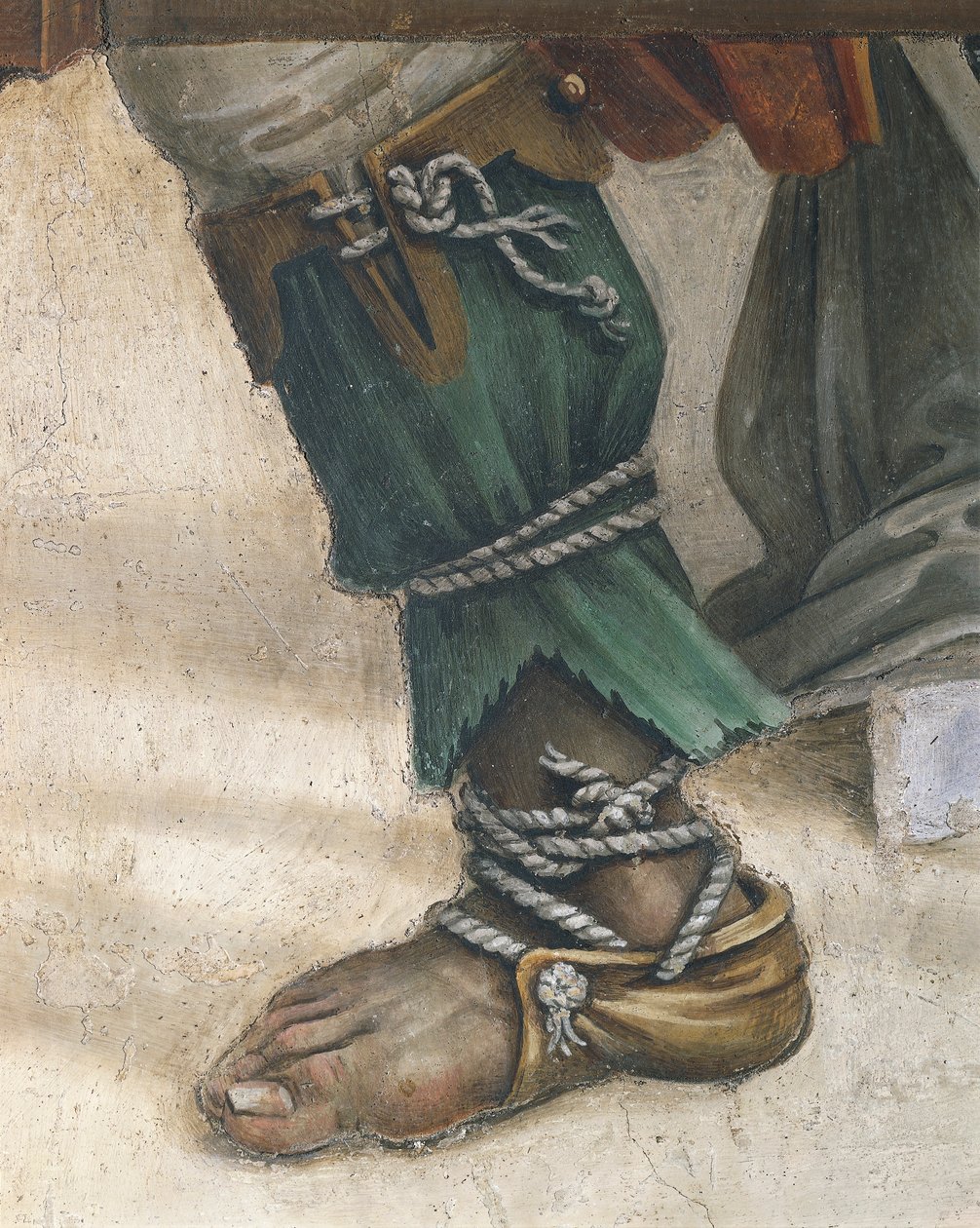 San Juan Evangelista resucitando a Drusiana, detalle del calzado, fresco de Filippino Lippi