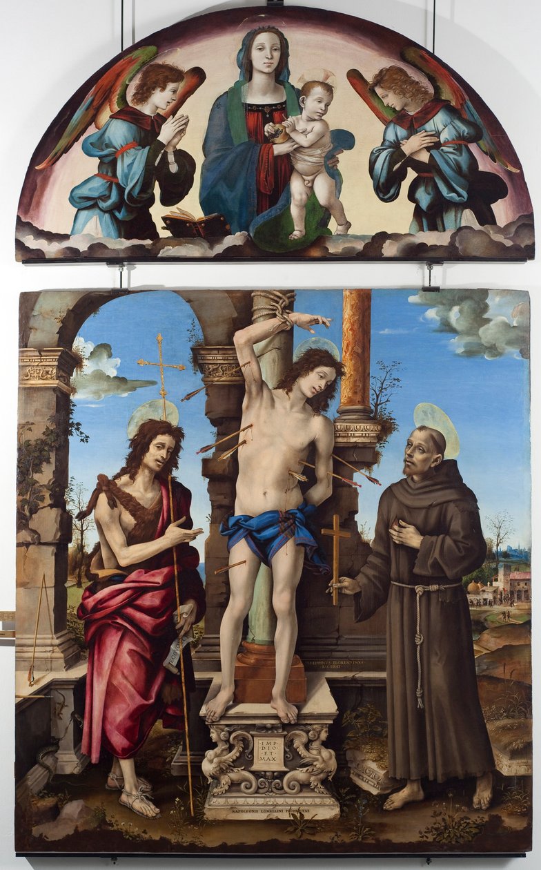 San Sebastián rodeado por San Juan Bautista y San Francisco de Asís (panel central) de Filippino Lippi