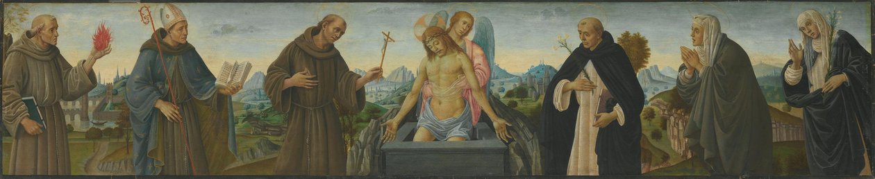 Varón de Dolores y seis santos (san Antonio de Padua, Luis de Tolosa, Francisco, Domingo, Clara y Catalina de Siena) de Filippino Lippi