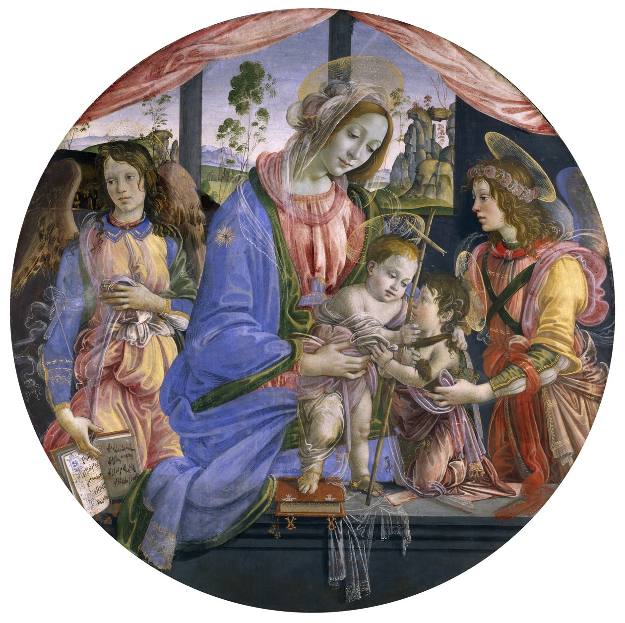 La Virgen y el Niño con el Niño San Juan y dos ángeles, mediados de la década de 1480 (temple sobre tabla) de Filippino Lippi