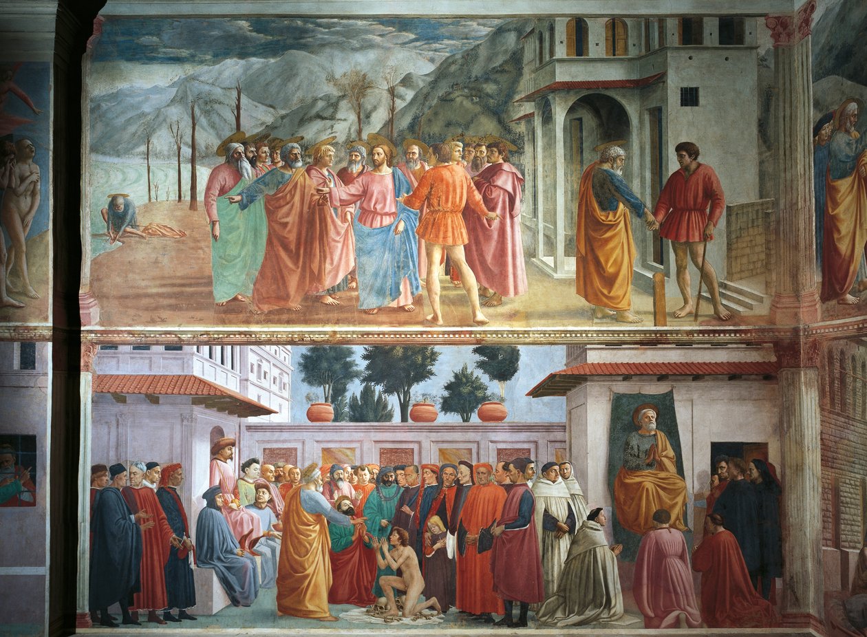 El tributo, por Tommaso Masaccio, La resurrección del hijo de Teófilo y San Pedro entronizado, por Tommaso Masaccio y Filippo Lippi, frescos de Filippino Lippi